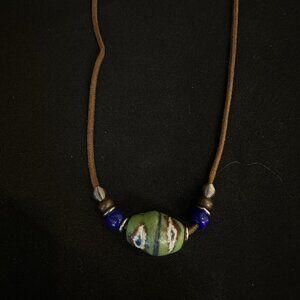 Eclectic Boho Vintage Silver Green Blue Cord Choker Necklace